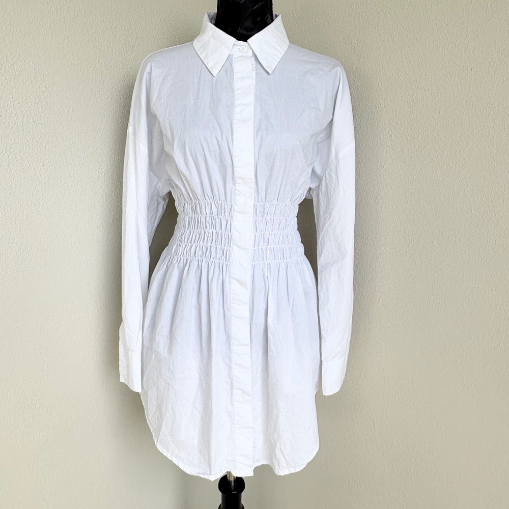 J.NNA Smocked Waist Button Down Shirt Dress L White JD12017 Preppy Minimalist